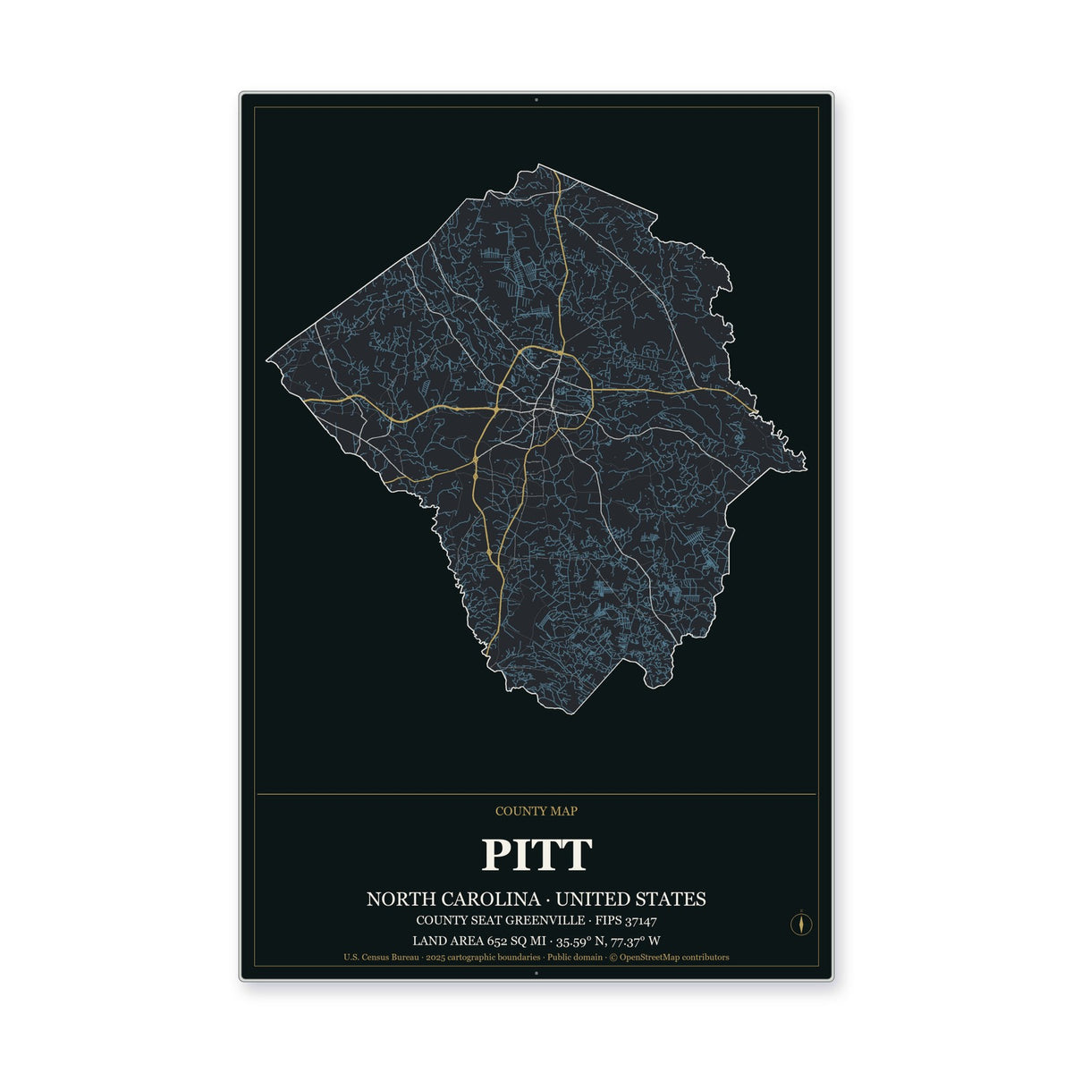 Pitt County, North Carolina Map Aluminum Sign in Metropolitan Noir style
