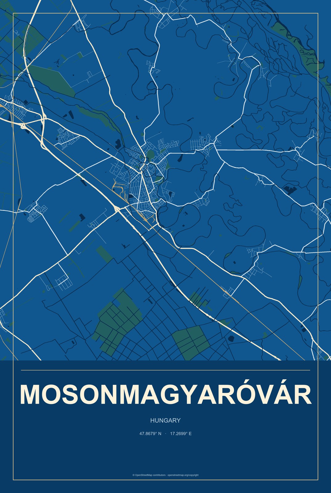 Mosonmagyaróvár, Hungary City Map Aluminum Sign in Harbor Cobalt style
