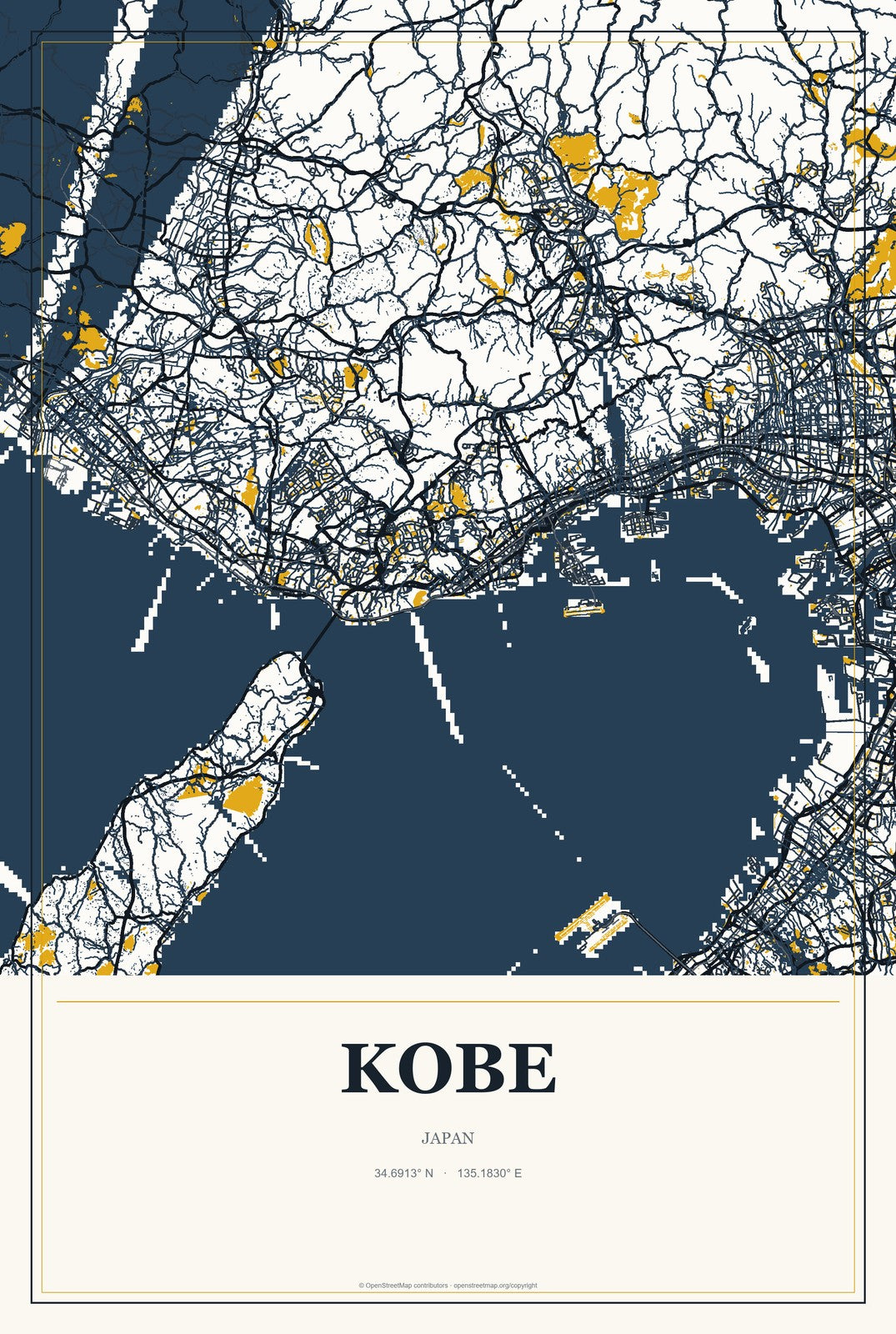 Kobe, Japan City Map Aluminum Sign in Citrine Modern style