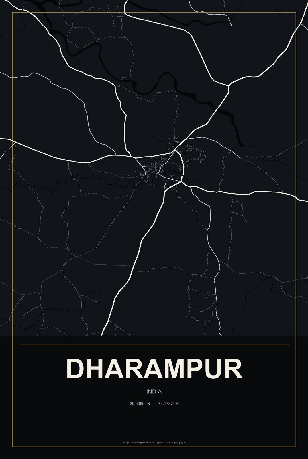 Dharampur, India City Map Aluminum Sign in Metropolitan Noir style