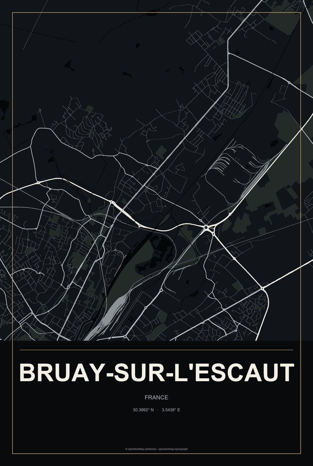 Bruay-sur-l'Escaut, France City Map Aluminum Sign in Metropolitan Noir style