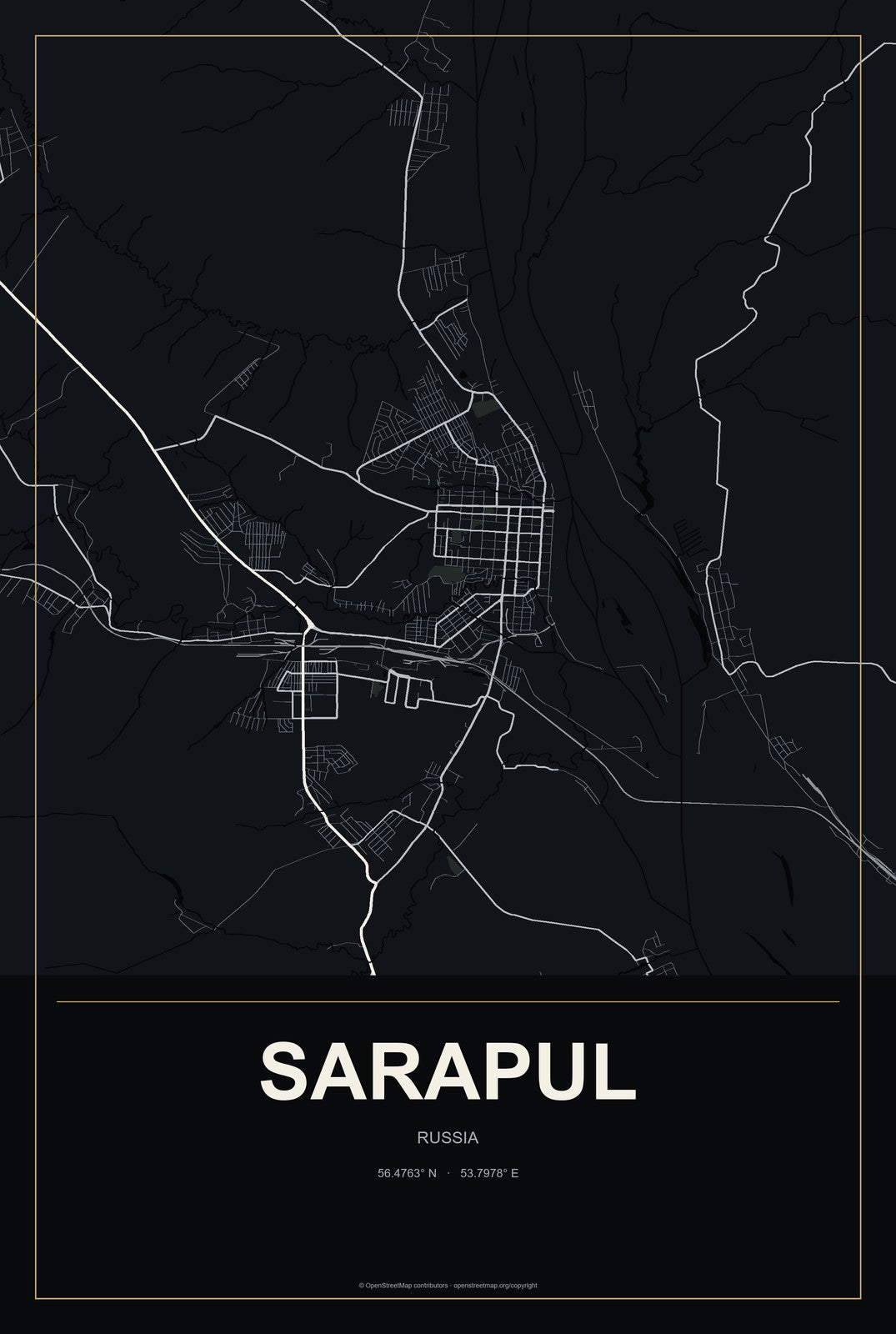 Sarapul, Russia City Map Aluminum Sign in Metropolitan Noir style