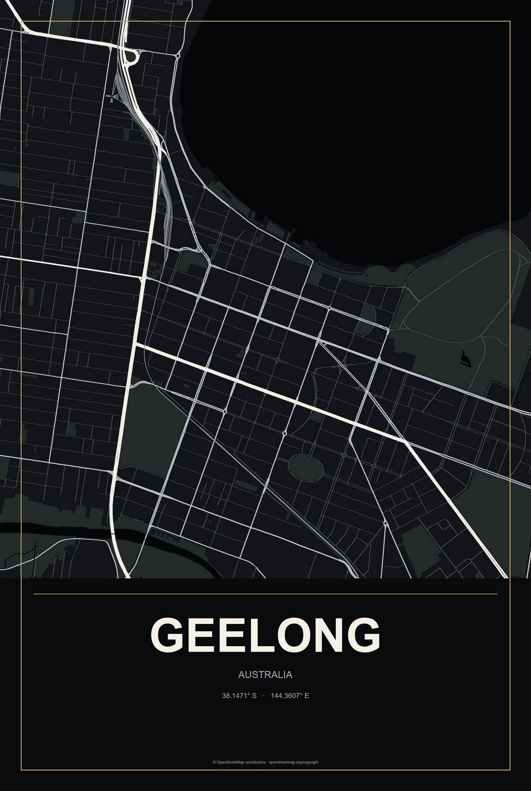 Geelong, Australia City Map Aluminum Sign in Metropolitan Noir style