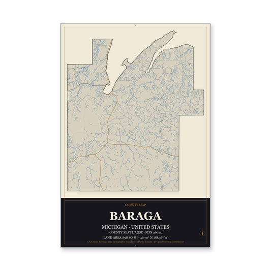 Baraga County, Michigan Map Aluminum Sign in Museum Plaque style
