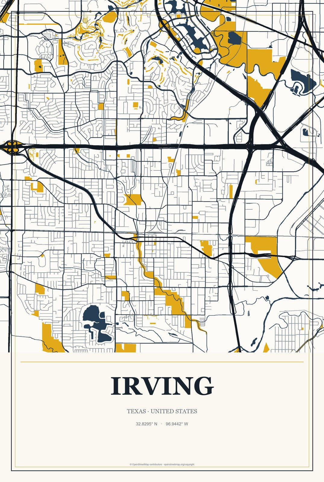 Irving, Texas City Map Aluminum Sign in Citrine Modern style