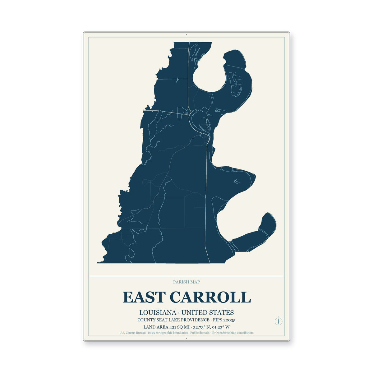 East Carroll Parish, Louisiana Map Aluminum Sign in Coastal Cutout style