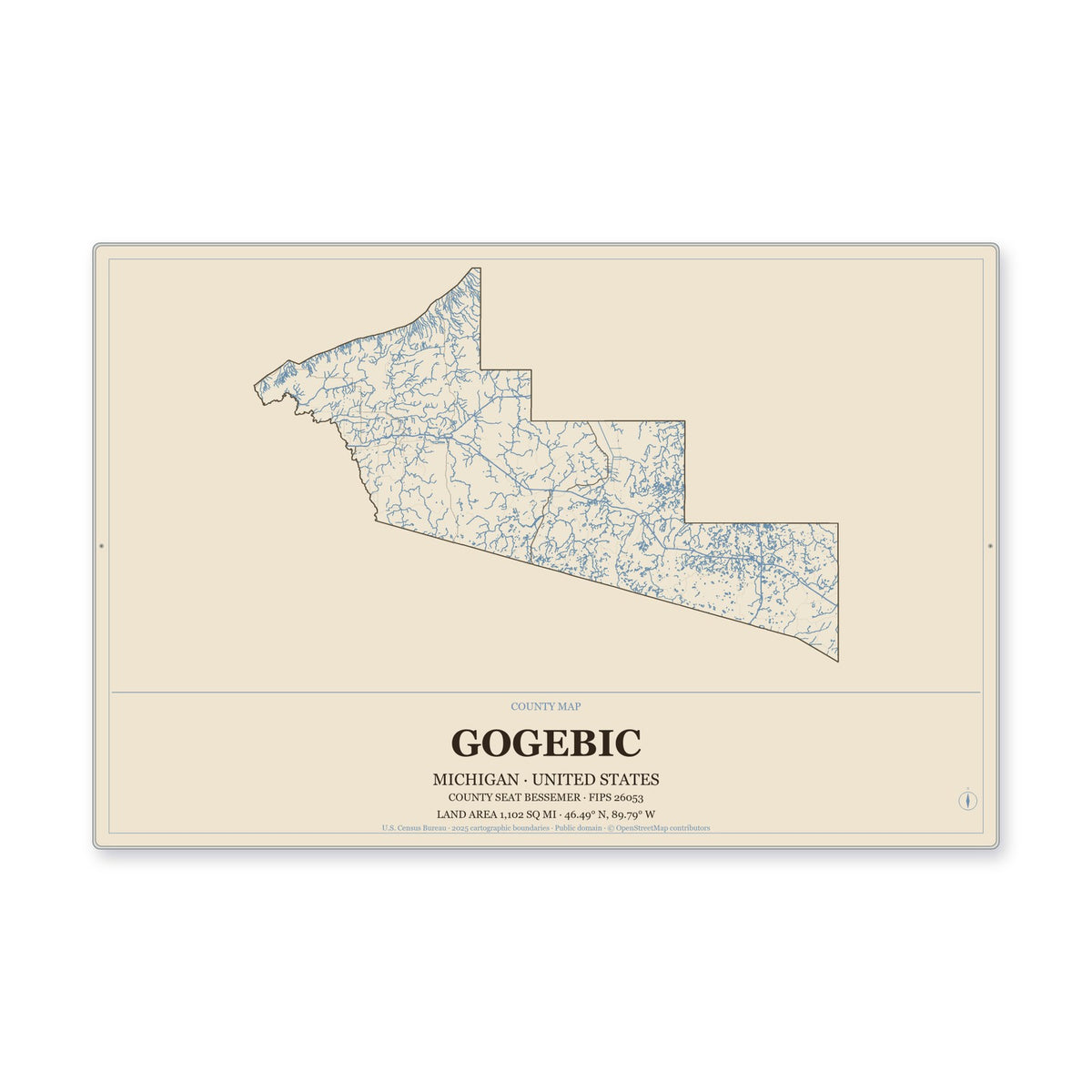 Gogebic County, Michigan Map Aluminum Sign in Heritage Nautical style