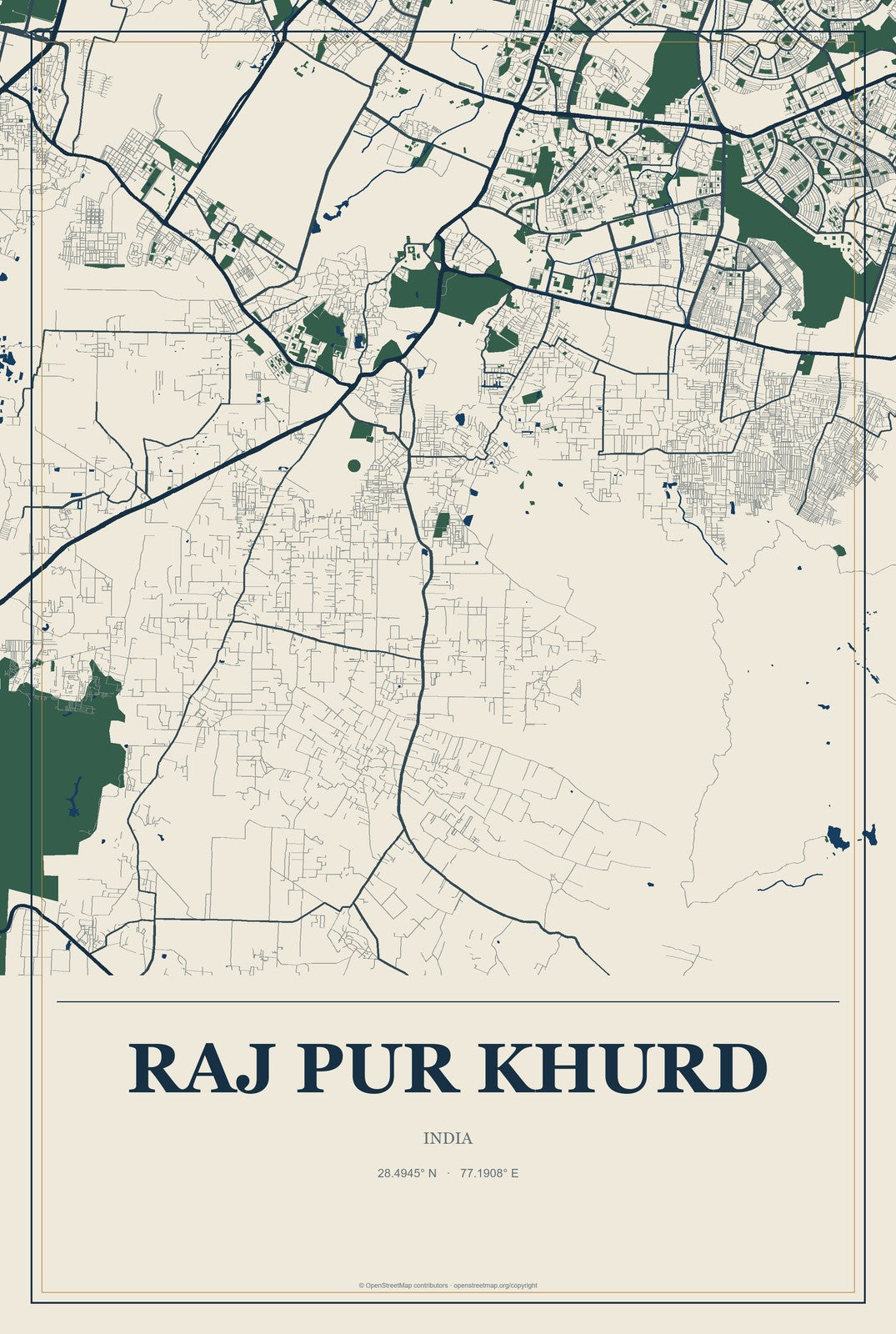 Raj Pur Khurd, India City Map Aluminum Sign in Coastal Cutout style