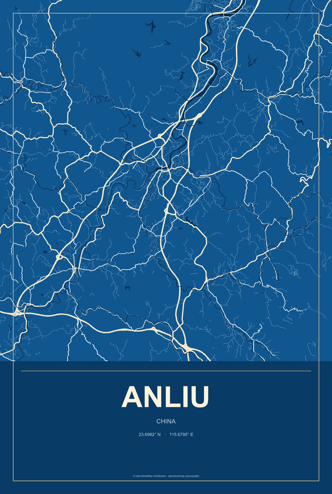 Anliu, China City Map Aluminum Sign in Harbor Cobalt style