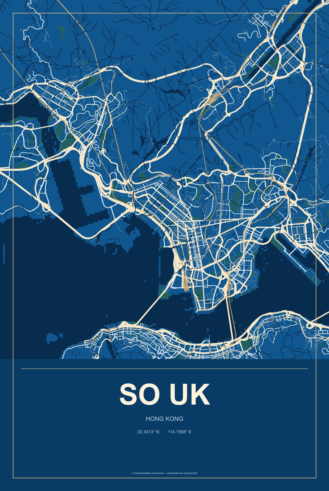 So Uk, Hong Kong City Map Aluminum Sign in Harbor Cobalt style