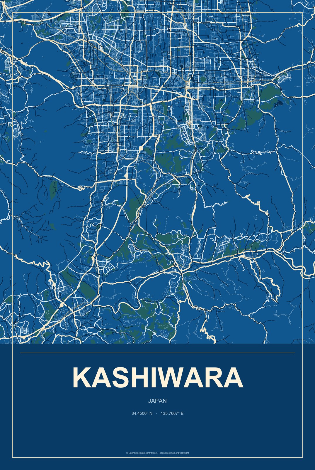 Kashiwara, Japan City Map Aluminum Sign in Harbor Cobalt style