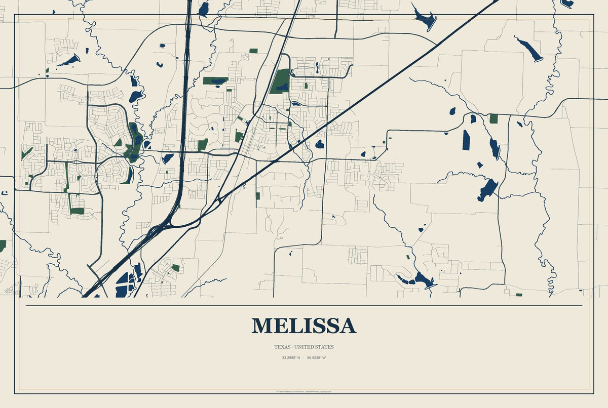 Melissa, Texas City Map Aluminum Sign in Coastal Cutout style