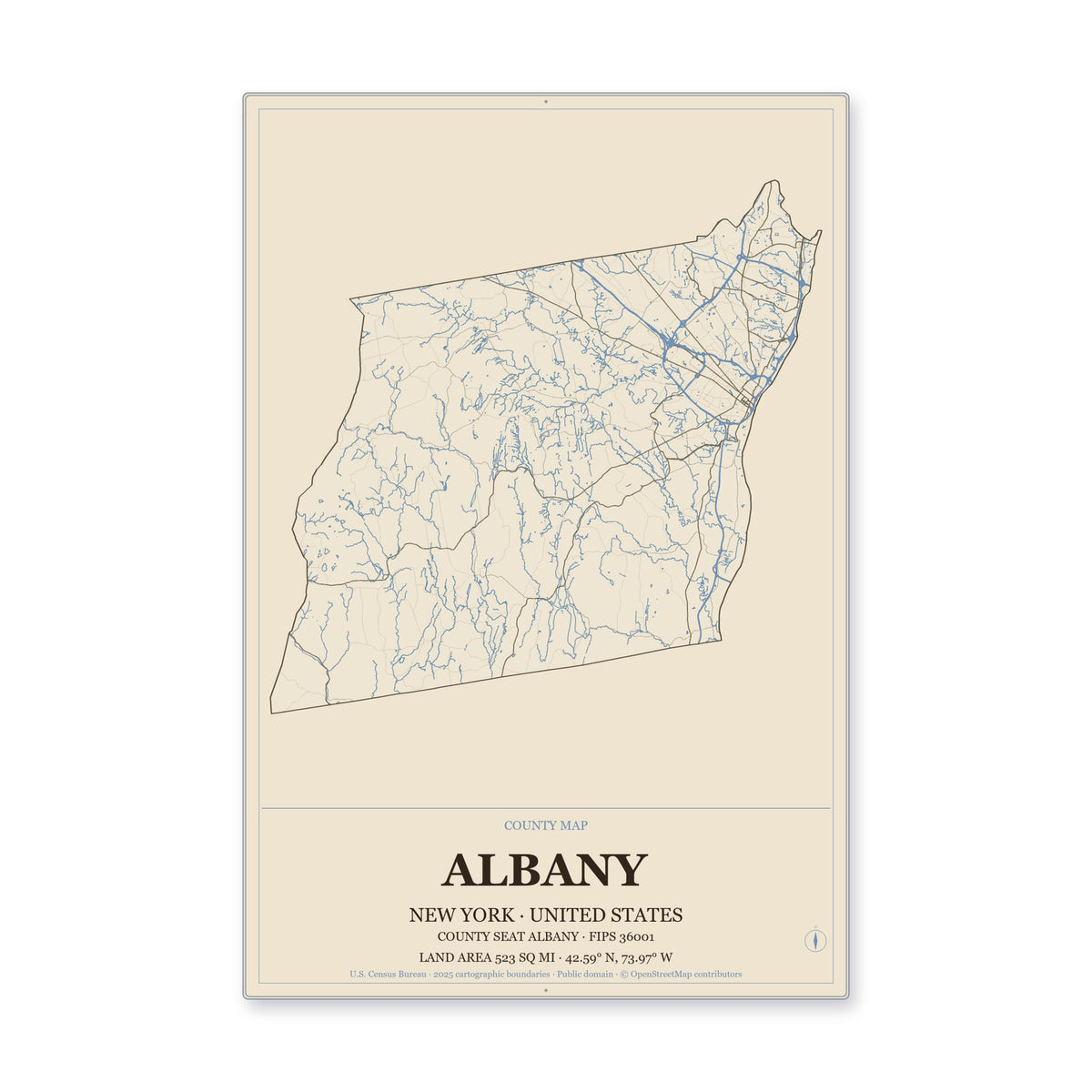 Albany County, New York Map Aluminum Sign in Heritage Nautical style