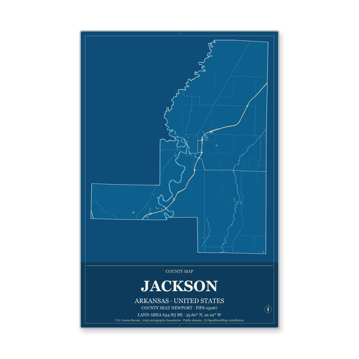Jackson County, Arkansas Map Aluminum Sign in Harbor Cobalt style