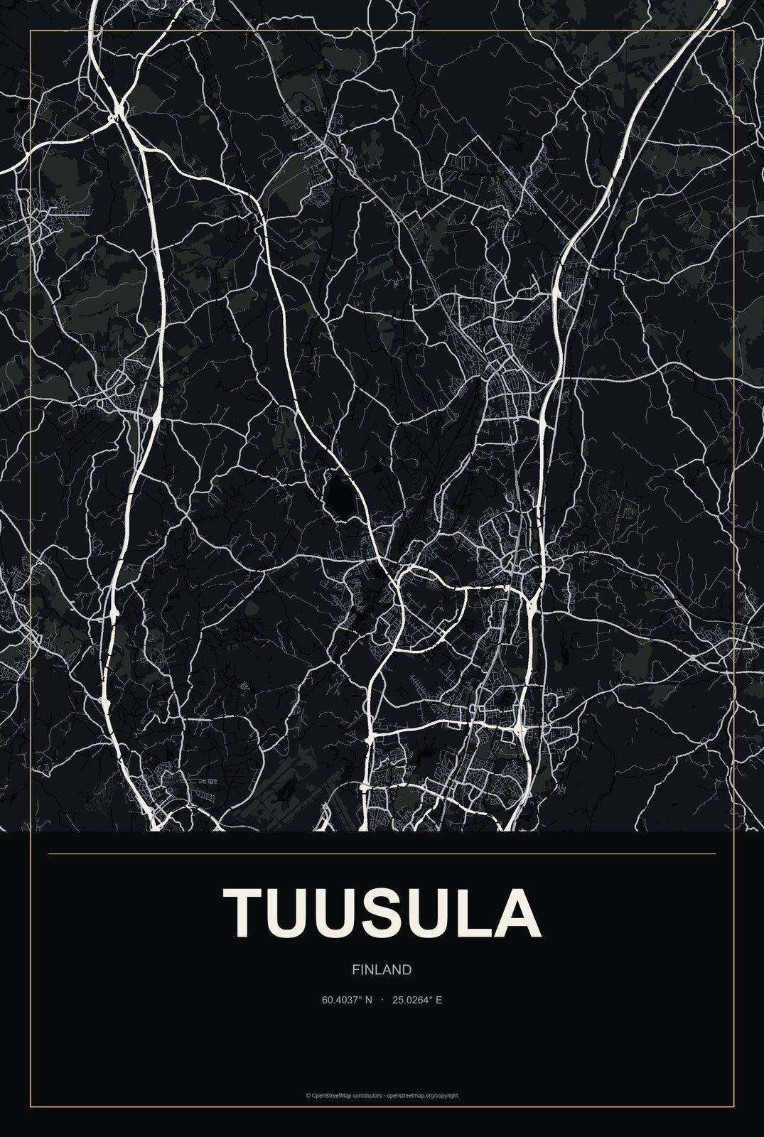 Tuusula, Finland City Map Aluminum Sign in Metropolitan Noir style