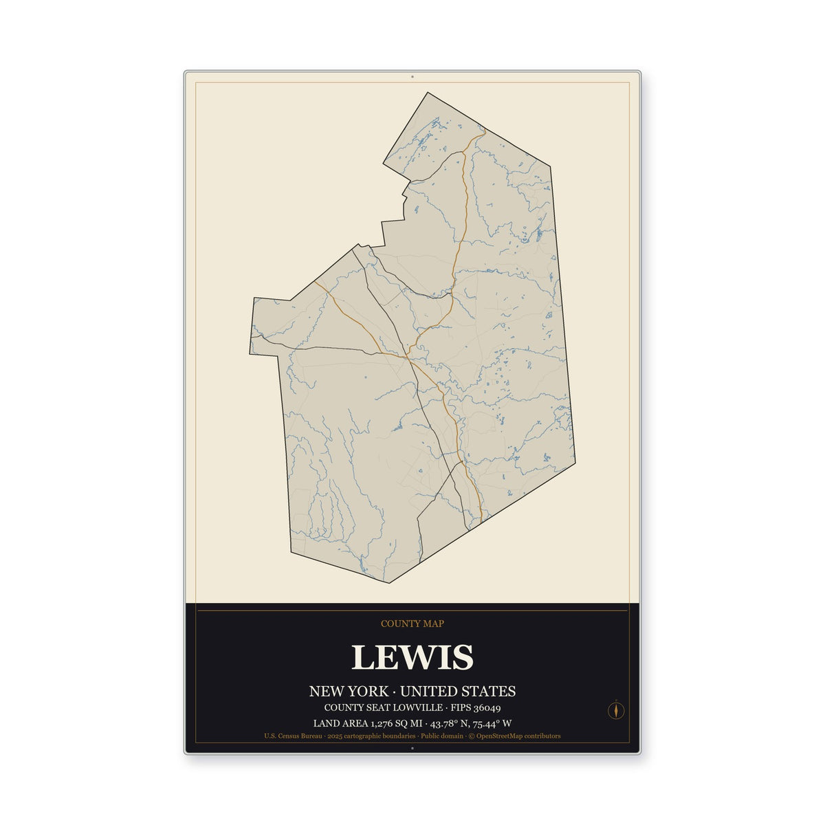 Lewis County, New York Map Aluminum Sign in Museum Plaque style