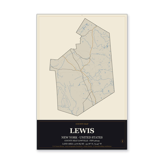 Lewis County, New York Map Aluminum Sign in Museum Plaque style