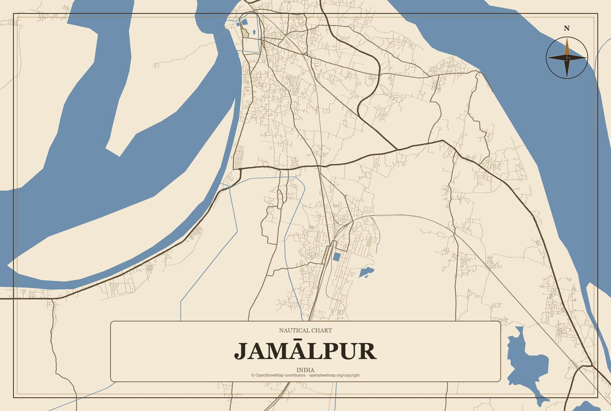 Jamālpur, India City Map Aluminum Sign in Heritage Nautical style