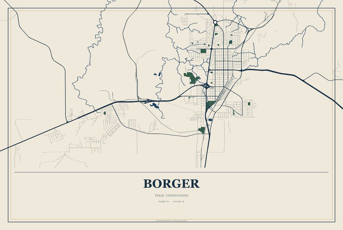 Borger, Texas City Map Aluminum Sign in Coastal Cutout style