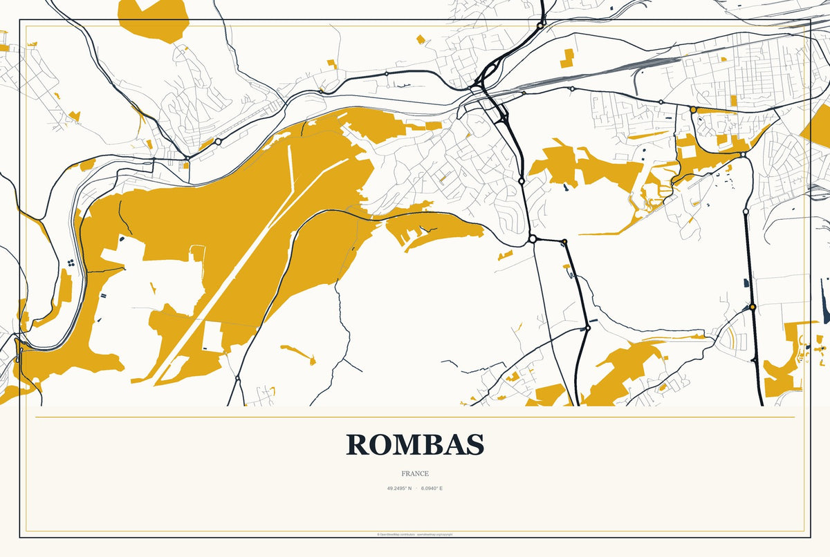 Rombas, France City Map Aluminum Sign in Citrine Modern style