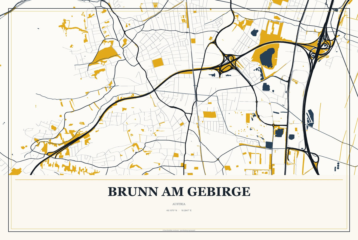 Brunn am Gebirge, Austria City Map Aluminum Sign in Citrine Modern style