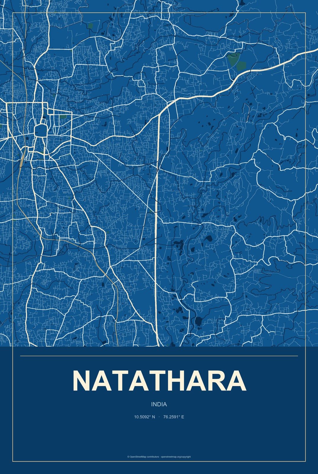 Natathara, India City Map Aluminum Sign in Harbor Cobalt style