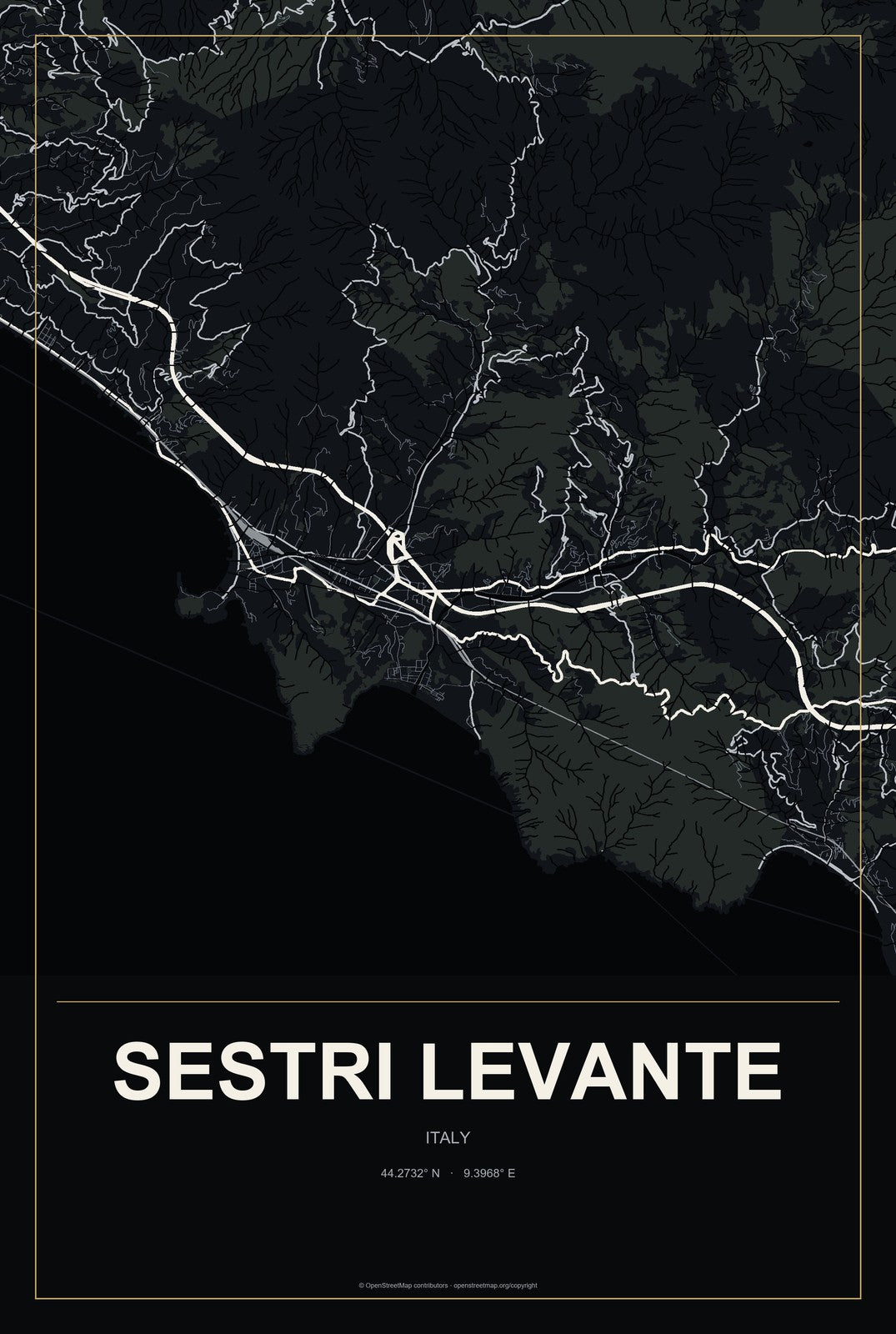 Sestri Levante, Italy City Map Aluminum Sign in Metropolitan Noir style