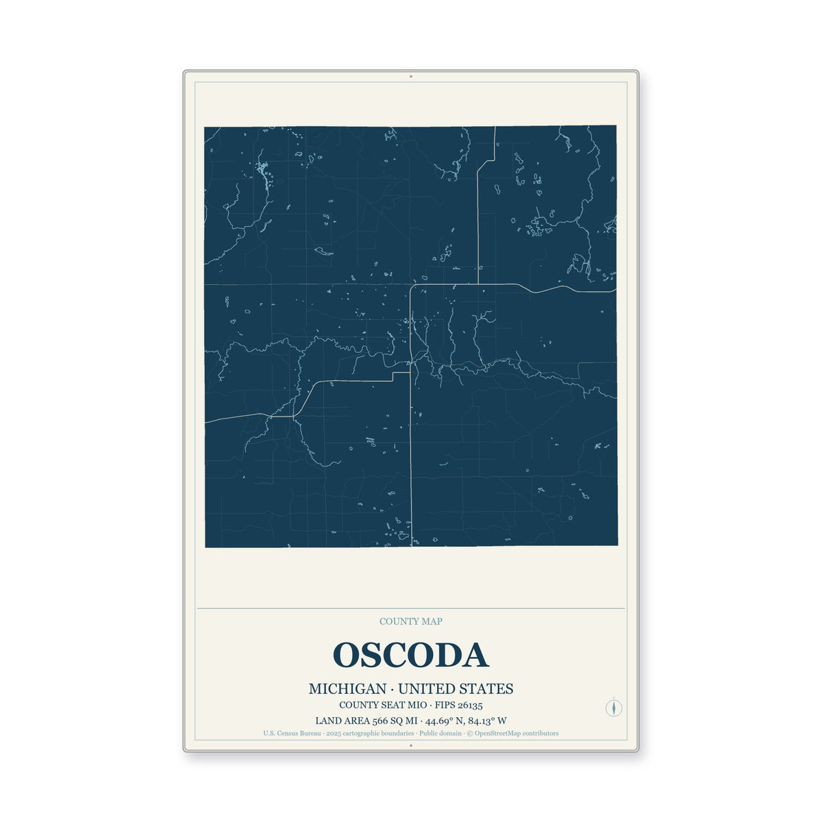 Oscoda County, Michigan Map Aluminum Sign in Coastal Cutout style