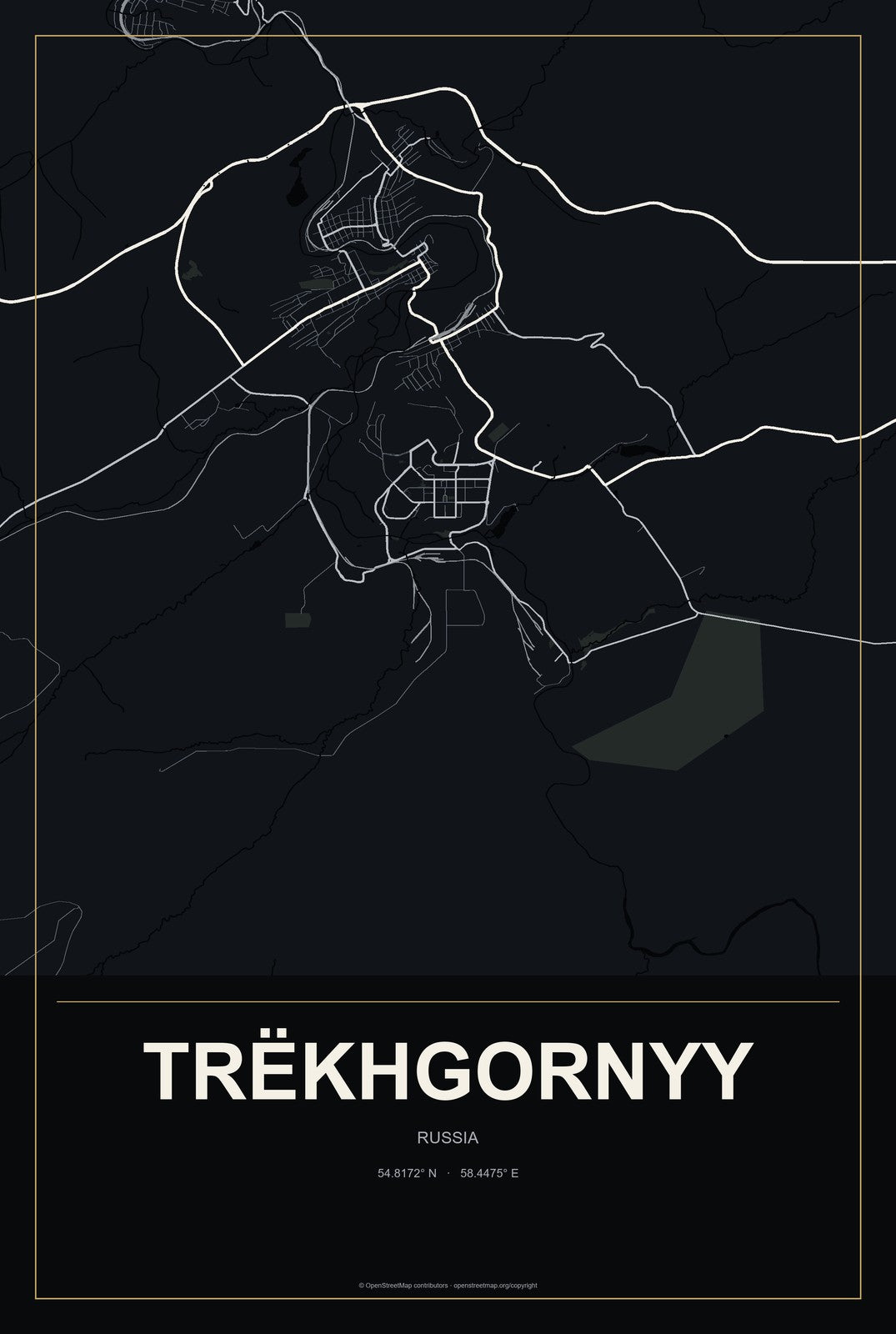 Trëkhgornyy, Russia City Map Aluminum Sign in Metropolitan Noir style