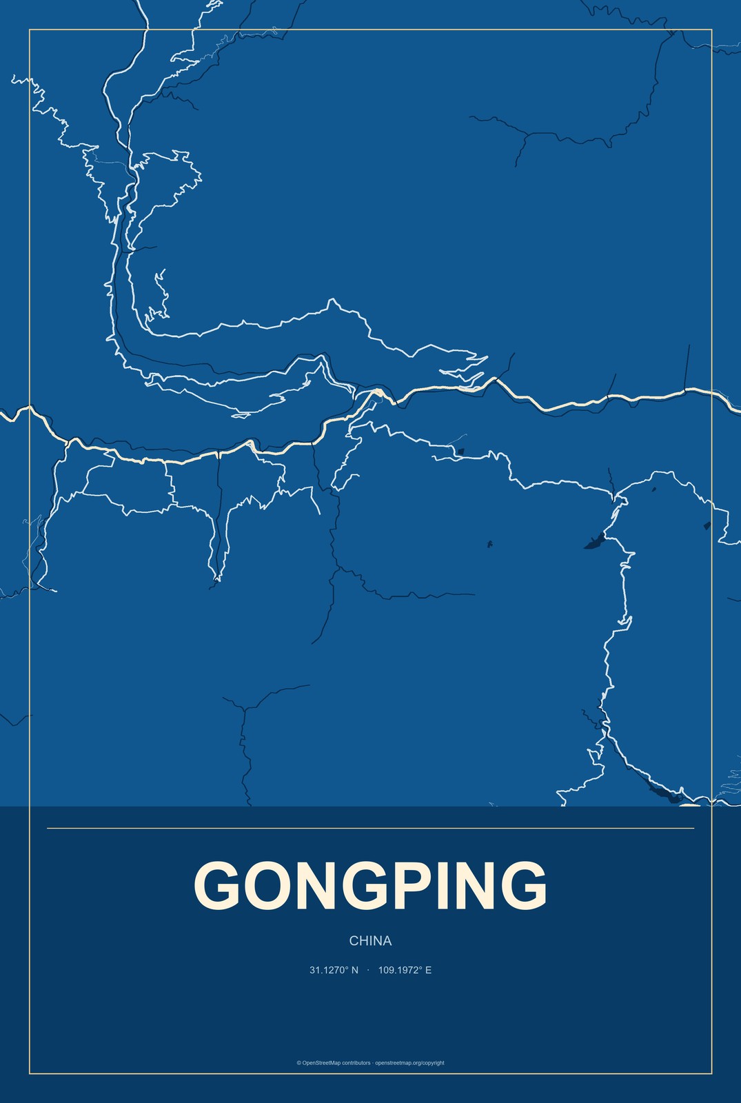 Gongping, China City Map Aluminum Sign in Harbor Cobalt style