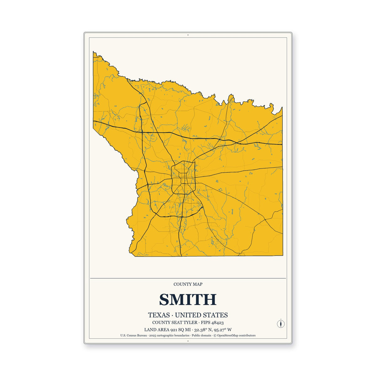 Smith County, Texas Map Aluminum Sign in Citrine Modern style