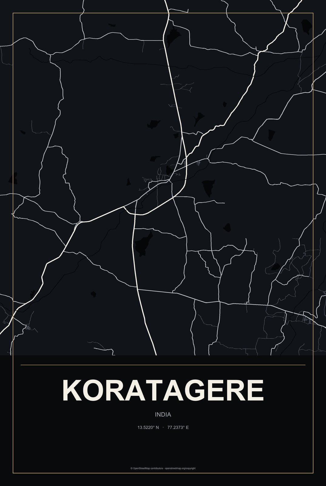 Koratagere, India City Map Aluminum Sign in Metropolitan Noir style
