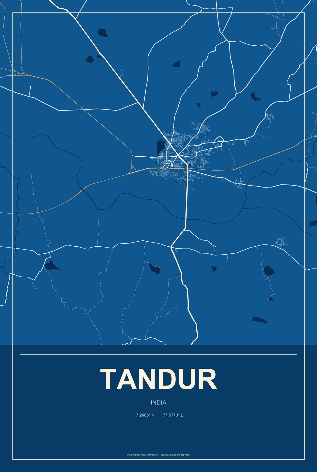 Tandur, India City Map Aluminum Sign in Harbor Cobalt style