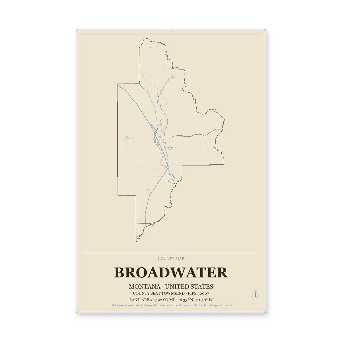 Broadwater County, Montana Map Aluminum Sign in Heritage Nautical style