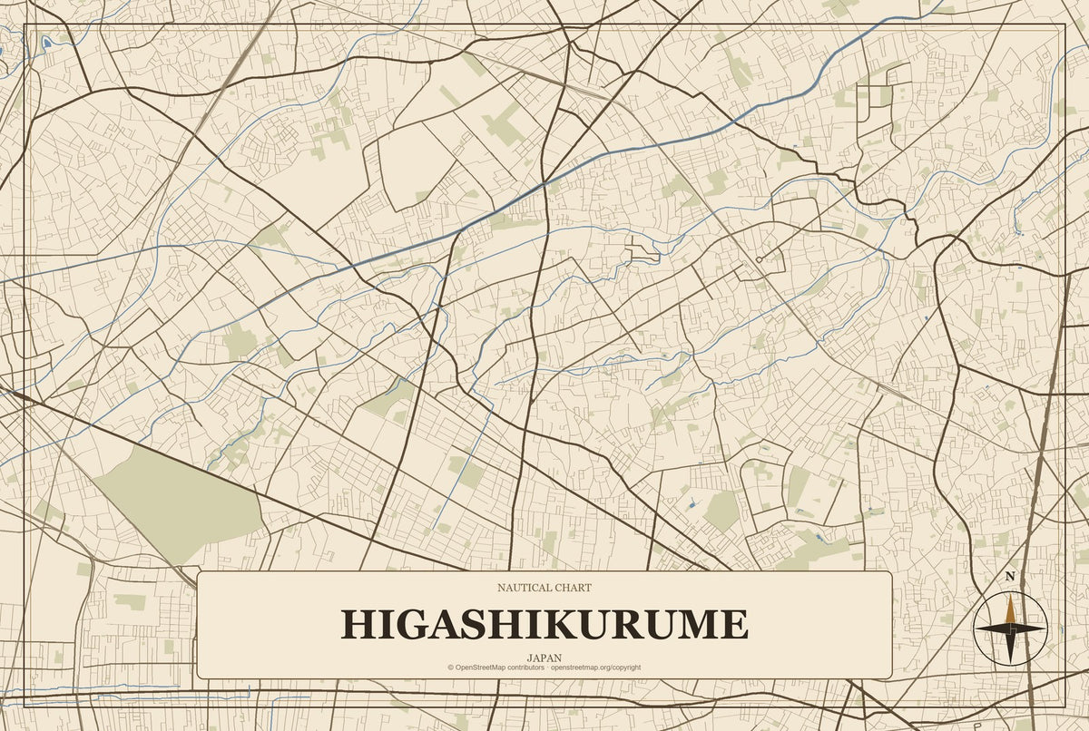 Higashikurume, Japan City Map Aluminum Sign in Heritage Nautical style