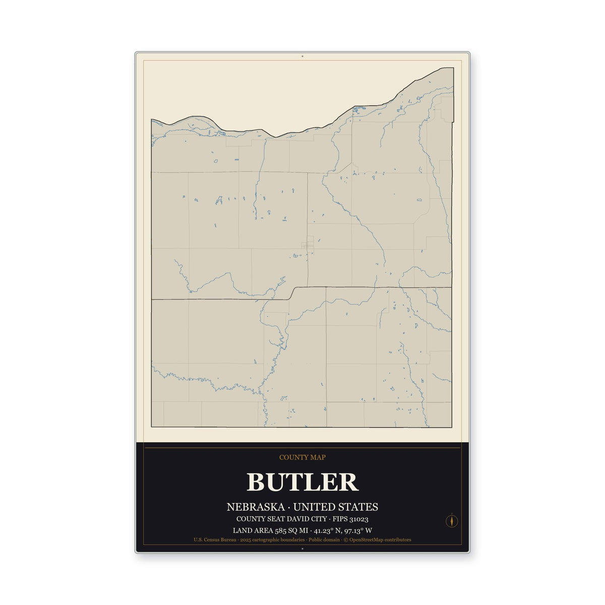 Butler County, Nebraska Map Aluminum Sign in Museum Plaque style