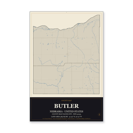 Butler County, Nebraska Map Aluminum Sign in Museum Plaque style