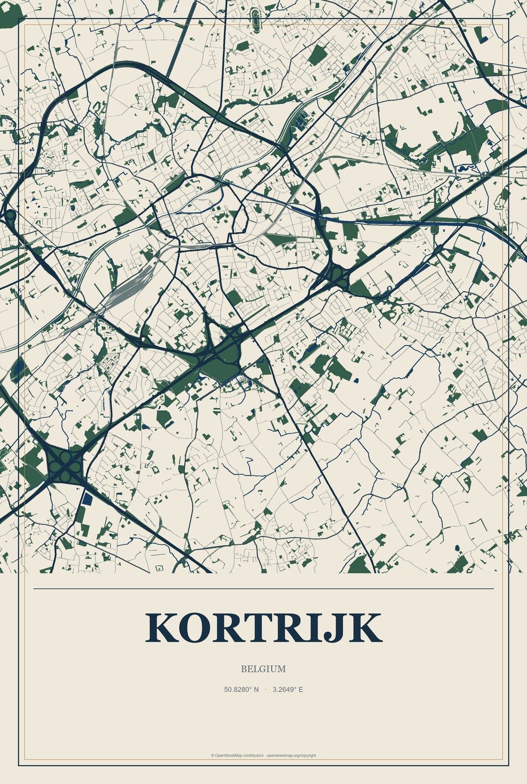 Kortrijk, Belgium City Map Aluminum Sign in Coastal Cutout style