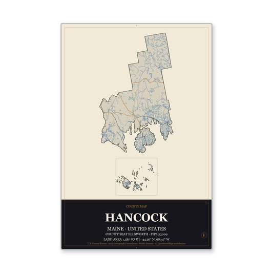 Hancock County, Maine Map Aluminum Sign in Museum Plaque style