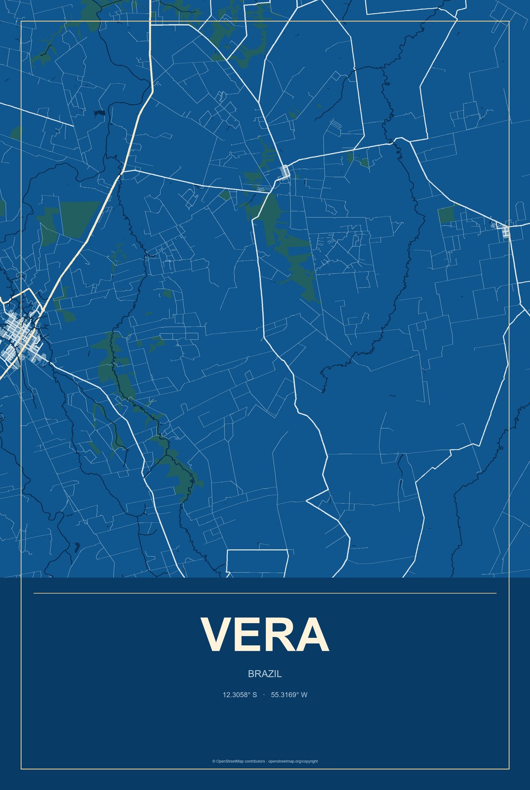 Vera, Brazil City Map Aluminum Sign in Harbor Cobalt style