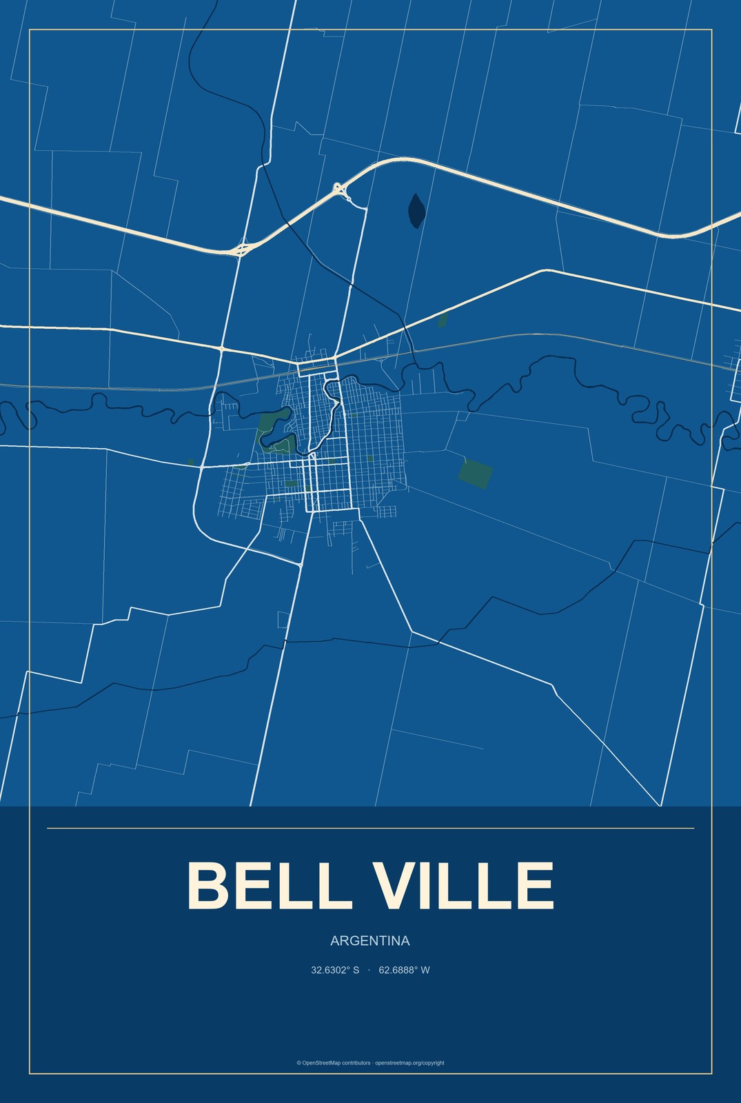 Bell Ville, Argentina City Map Aluminum Sign in Harbor Cobalt style