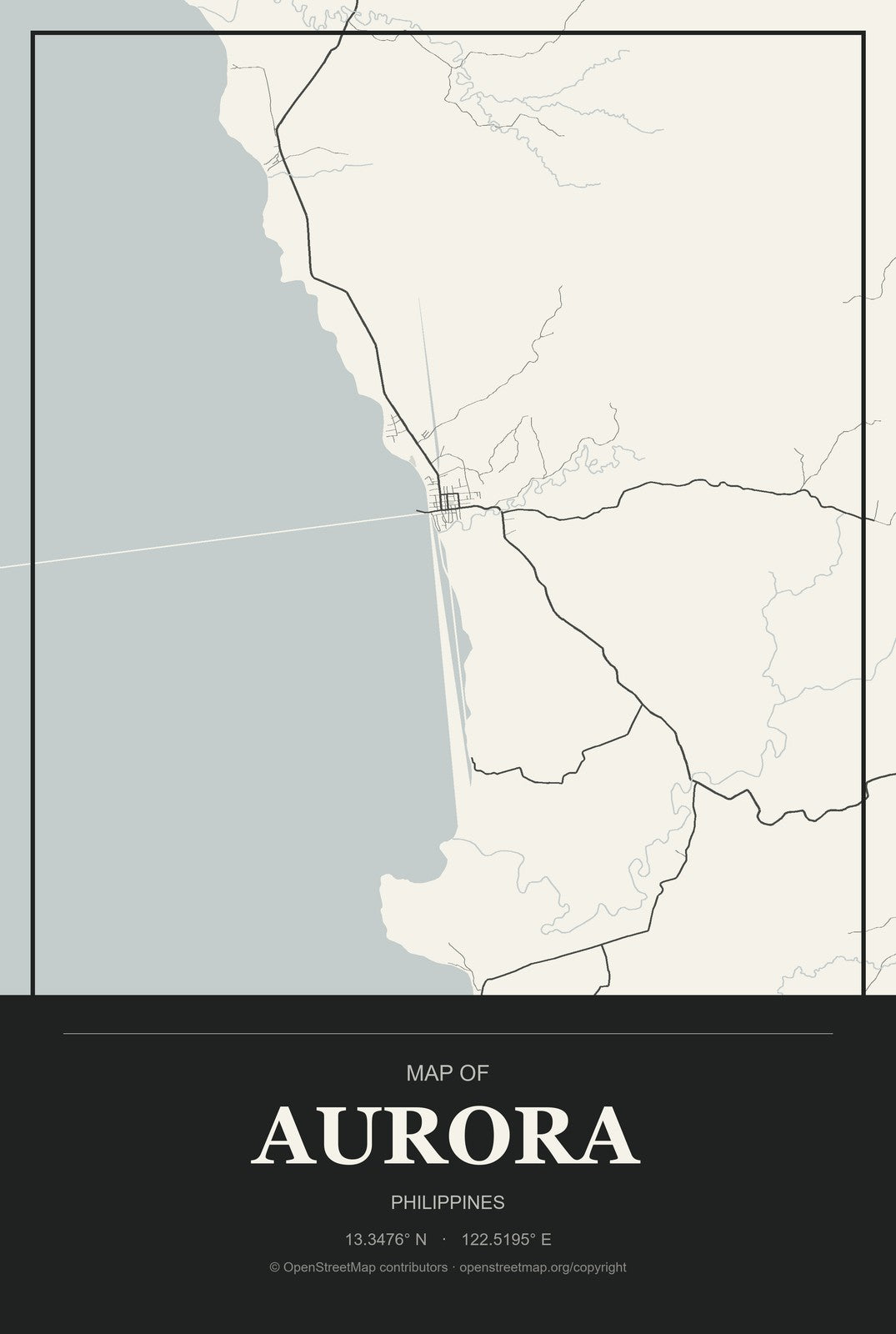 Aurora, Philippines City Map Aluminum Sign in Museum Plaque style