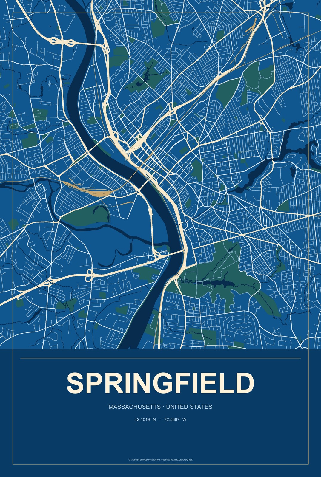 Springfield, Massachusetts City Map Aluminum Sign in Harbor Cobalt style