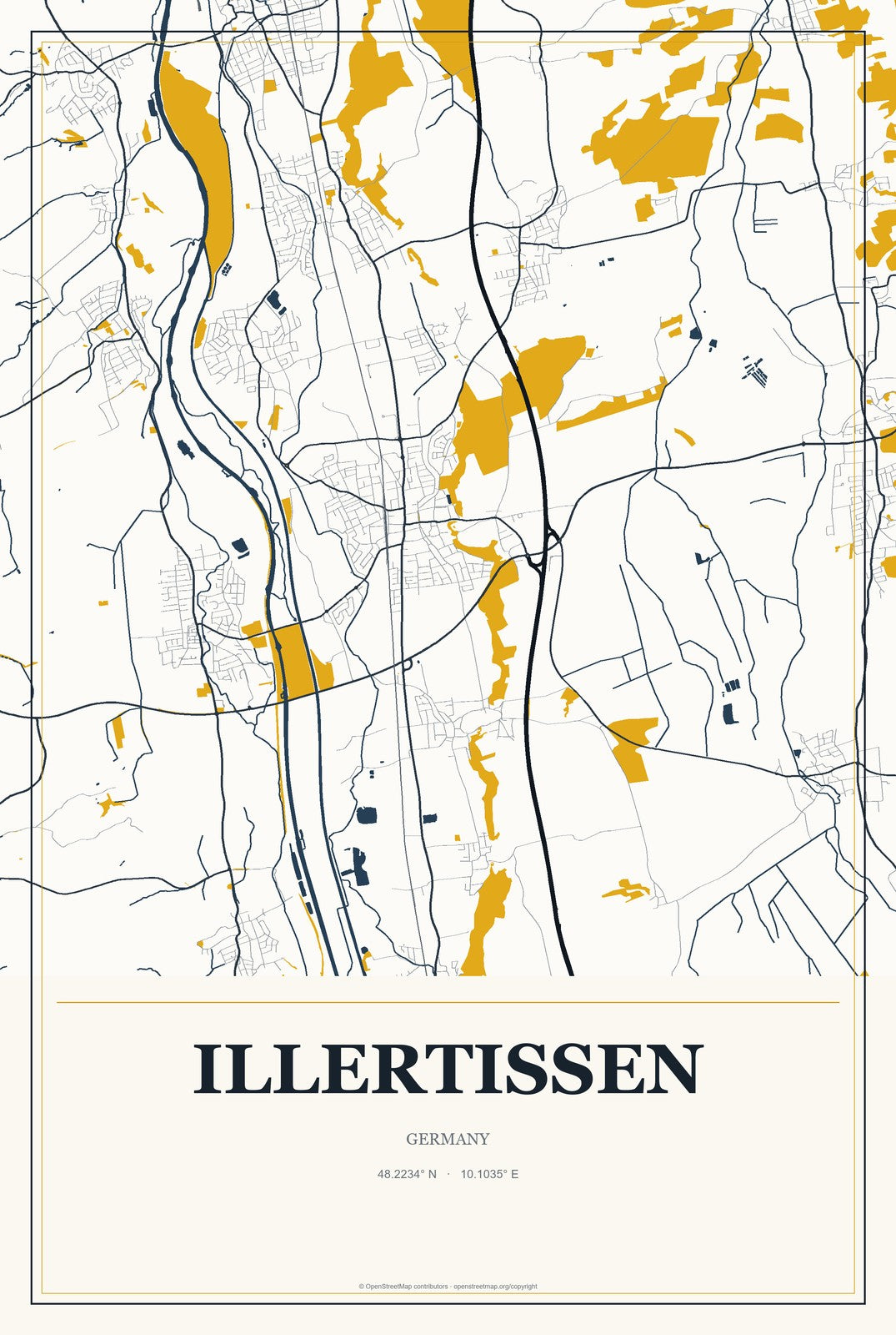 Illertissen, Germany City Map Aluminum Sign in Citrine Modern style