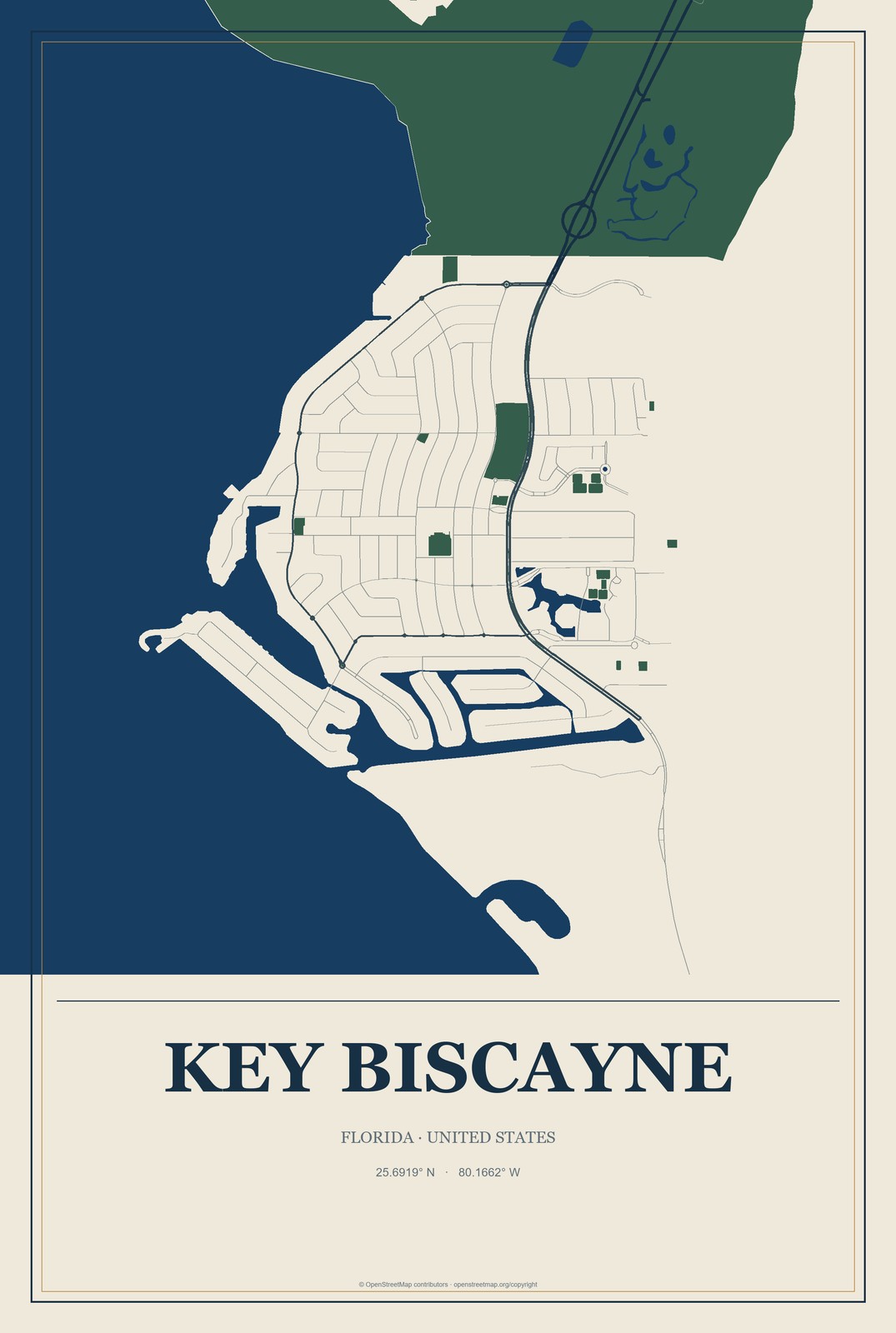 Key Biscayne, Florida City Map Aluminum Sign in Coastal Cutout style
