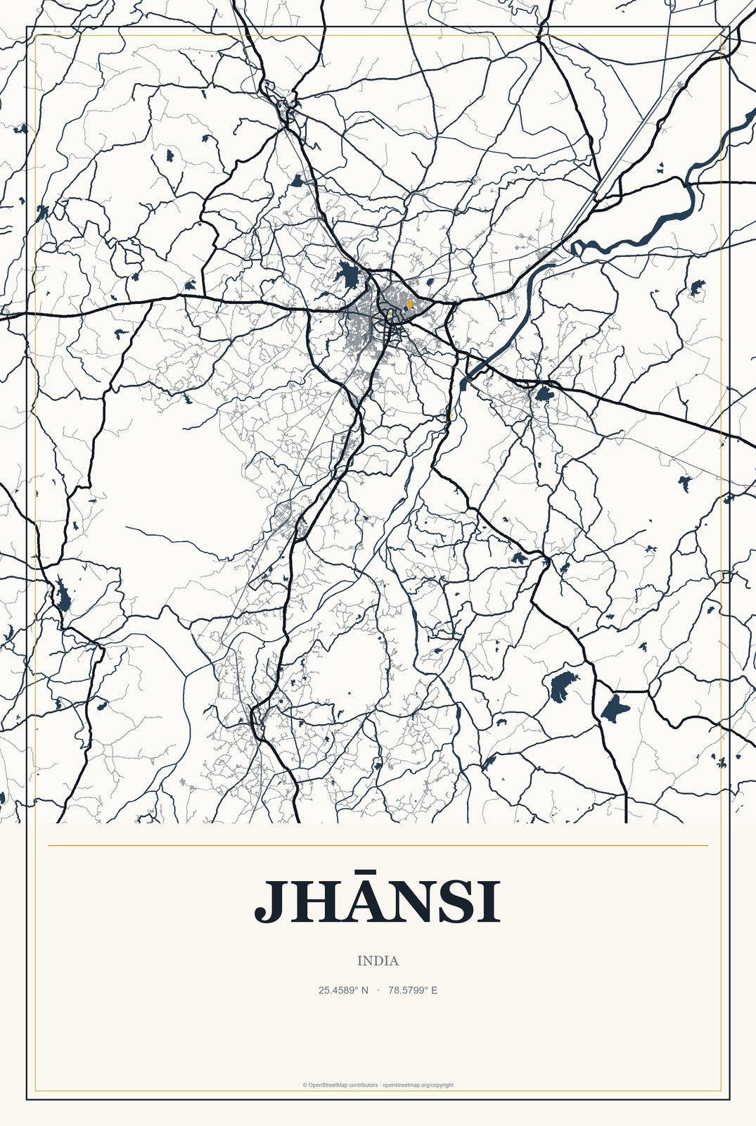Jhānsi, India City Map Aluminum Sign in Citrine Modern style