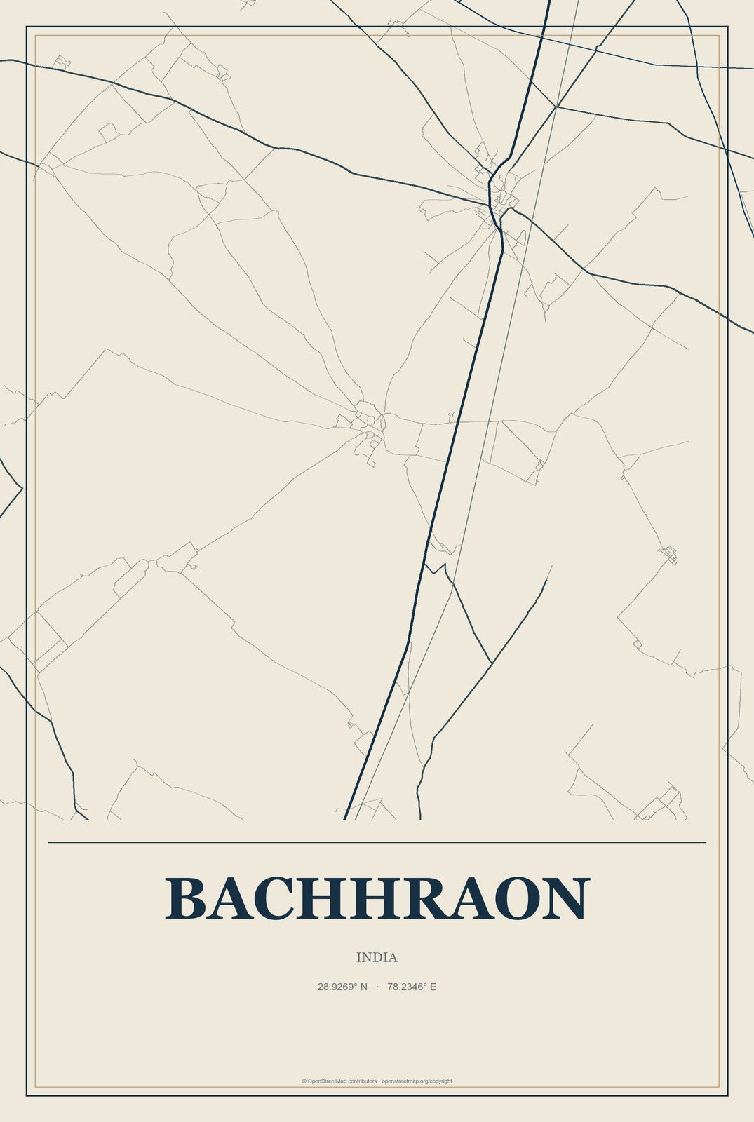 Bachhraon, India City Map Aluminum Sign in Coastal Cutout style