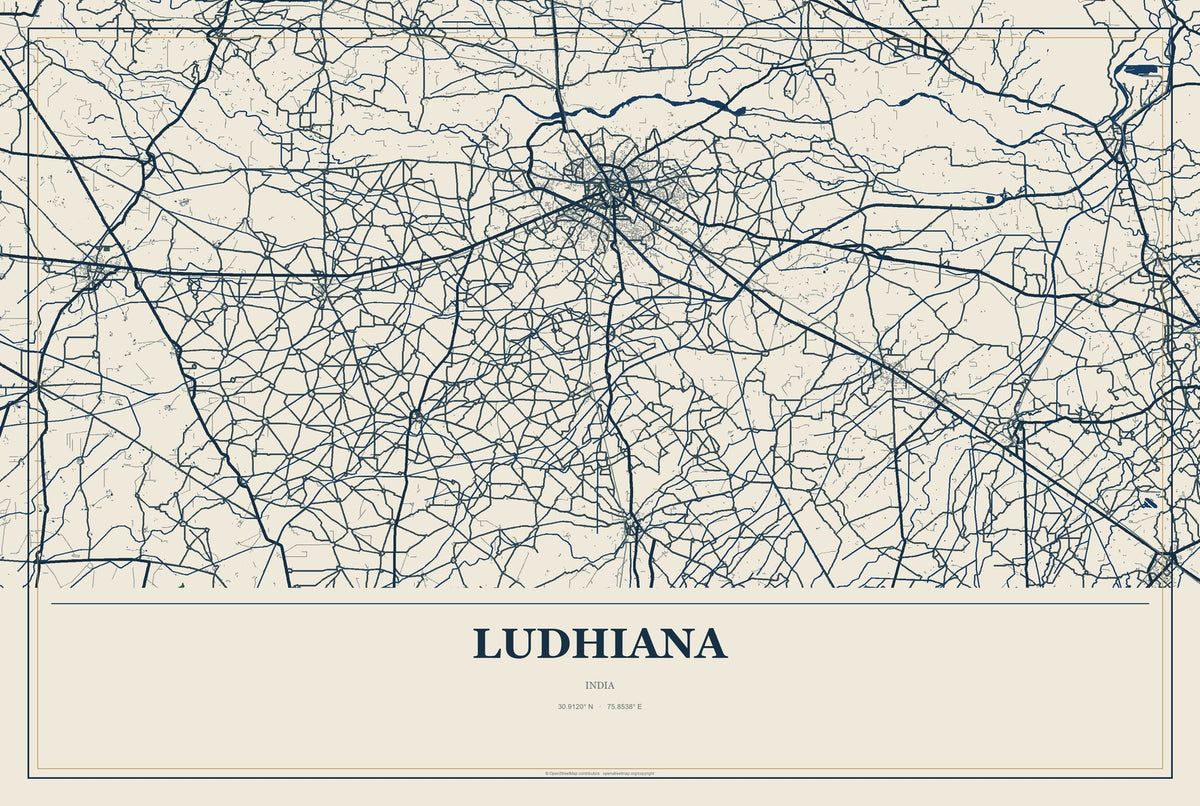 Ludhiana, India City Map Aluminum Sign in Coastal Cutout style