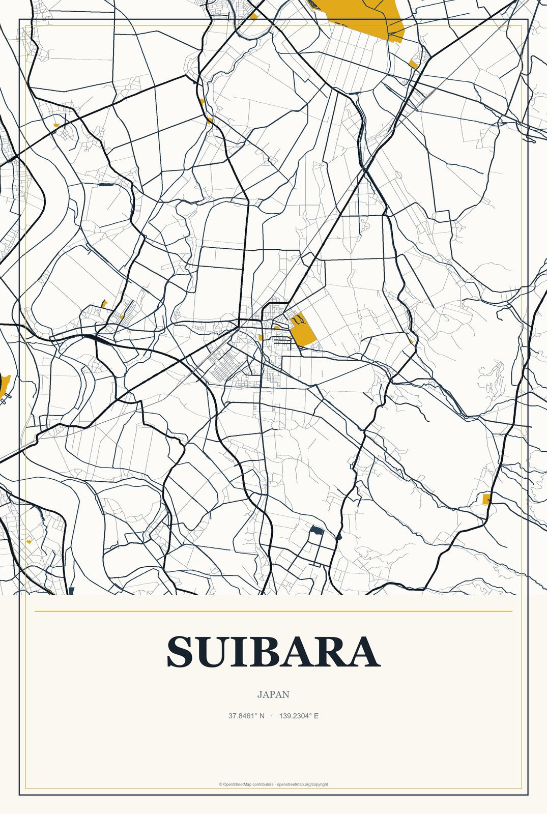 Suibara, Japan City Map Aluminum Sign in Citrine Modern style