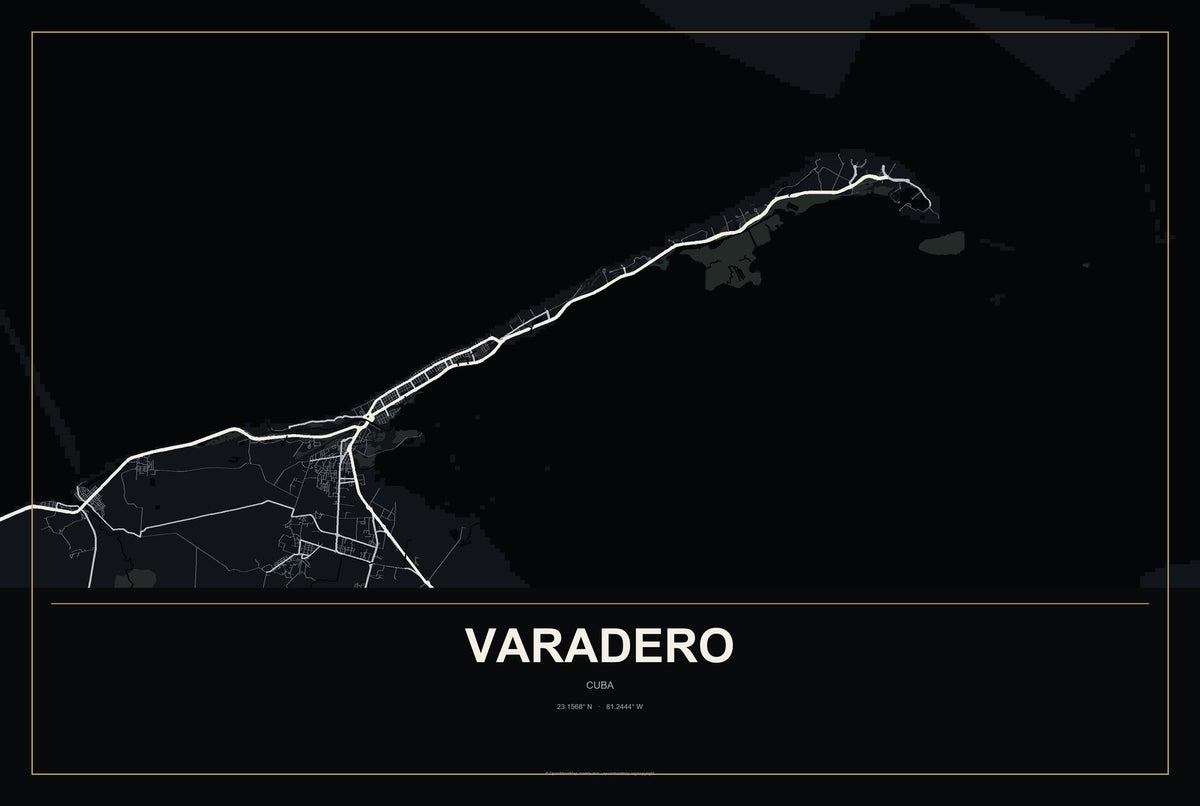 Varadero, Cuba City Map Aluminum Sign in Metropolitan Noir style